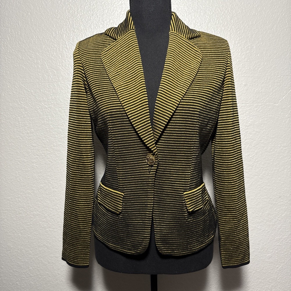Misook Cardigan Blazer Jacket Womens XS Gold Black Textured Stripe